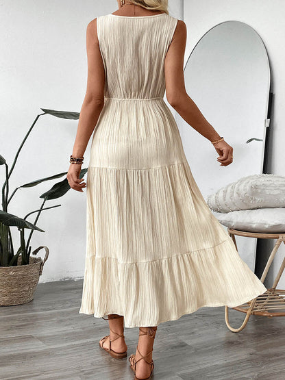 A-Line High Waisted Buttoned Pleated Solid Color Tied Waist V-Neck Maxi Dresses