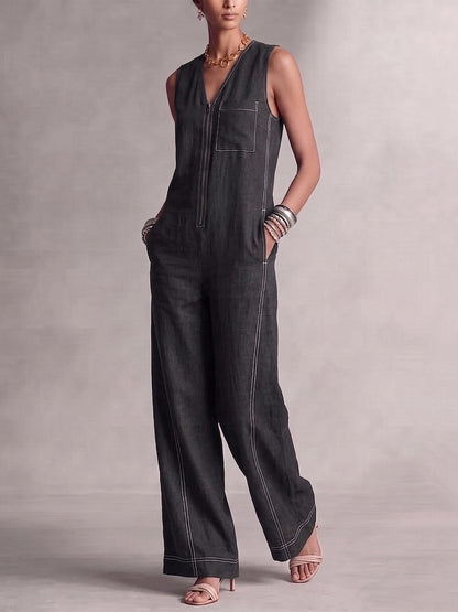 High Waisted Sleeveless Contrast Color Pockets Zipper V-Neck Jumpsuits