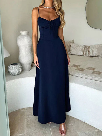 A-Line Bodycon Drawstring Pleated Solid Color Split-Joint Spaghetti-Neck Maxi Dresses