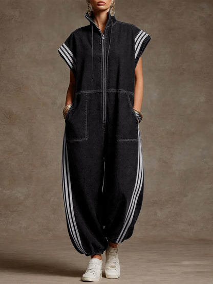 Ankle-Tied Loose Contrast Color Pockets Split-Joint Striped Zipper Stand Collar Jumpsuits