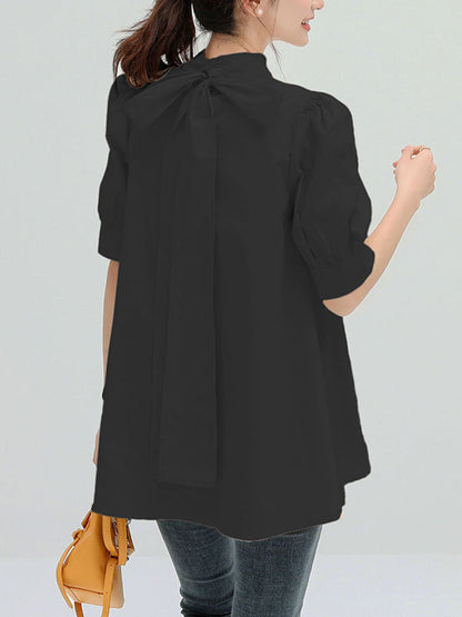 Casual Loose Bow-Embellished Solid Color Blouse