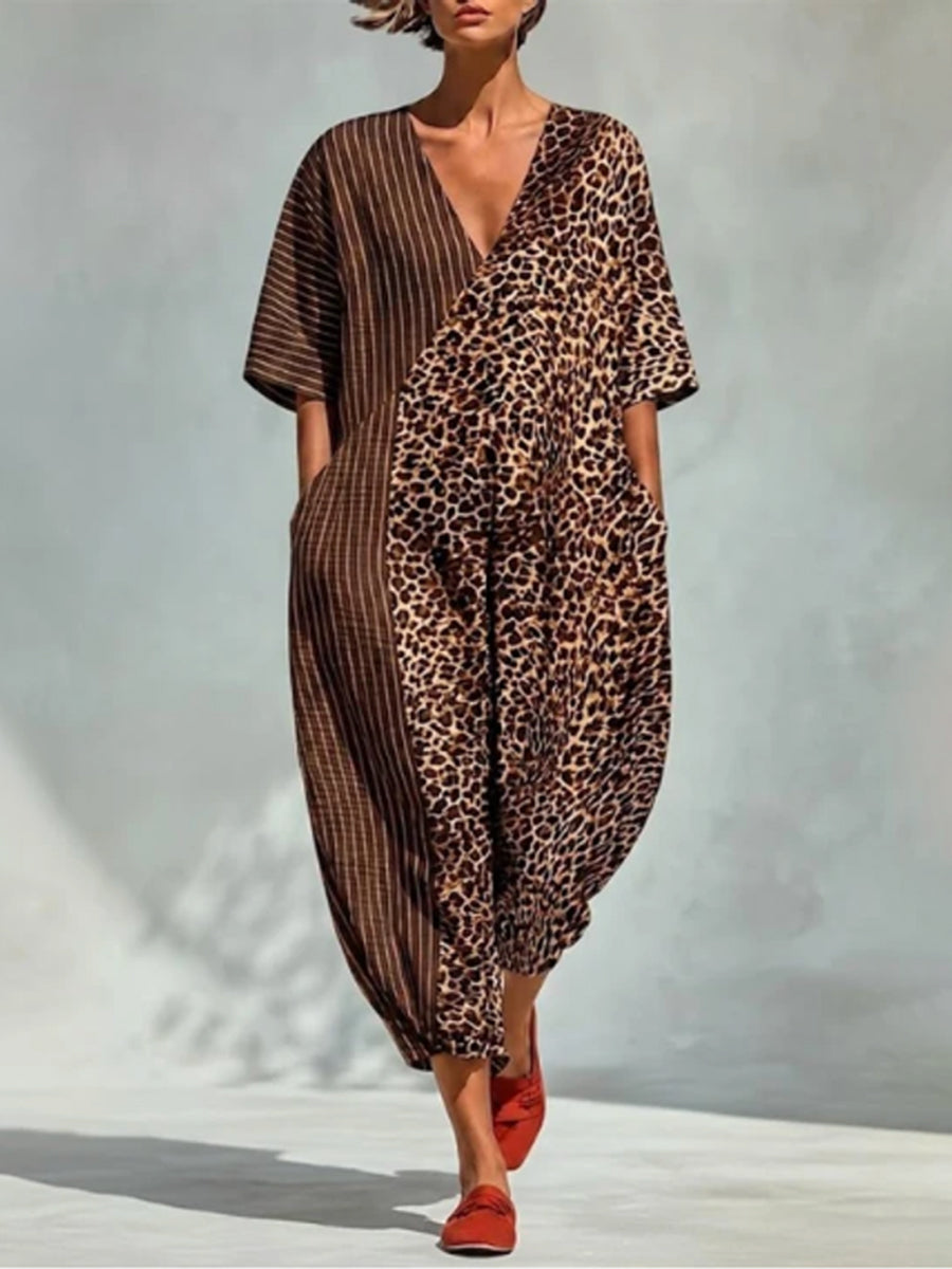 Striped Split-Joint Pockets Leopard Loose Half Sleeves V-neck Jumpsuits