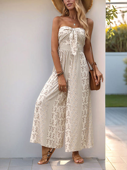High Waisted Sleeveless Backless Contrast Color Pleated Printed Split-Joint Tied Twist Tube Jumpsuits