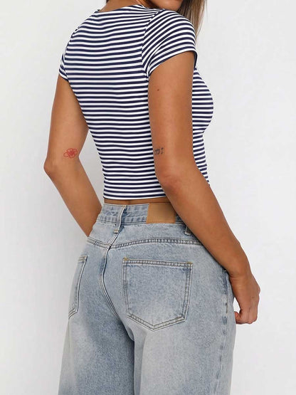 Striped Contrast Color Skinny Short Sleeves Square-neck T-Shirts Tops