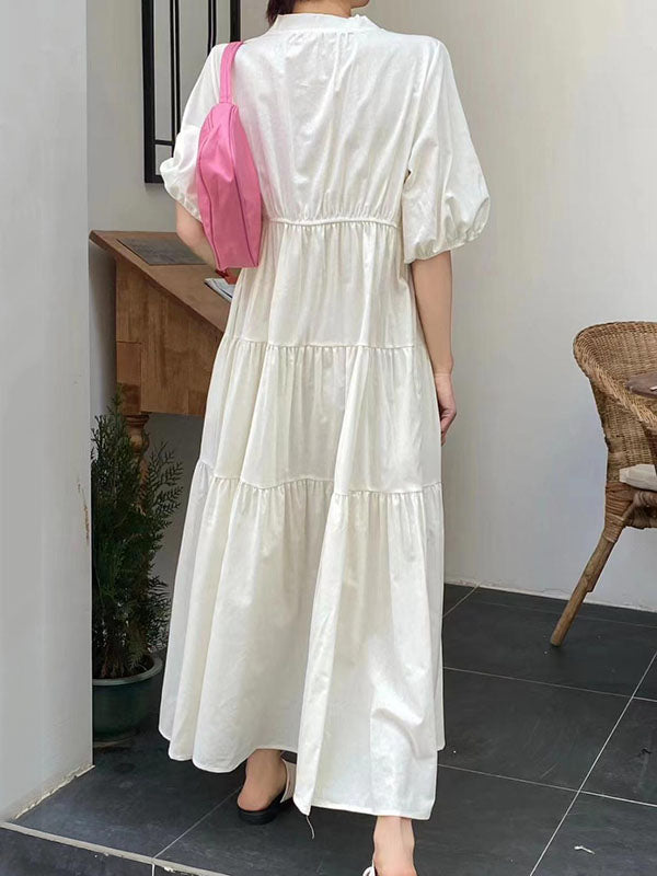 Bishop Sleeve Loose Embroidered Pleated V-Neck Midi Dresses