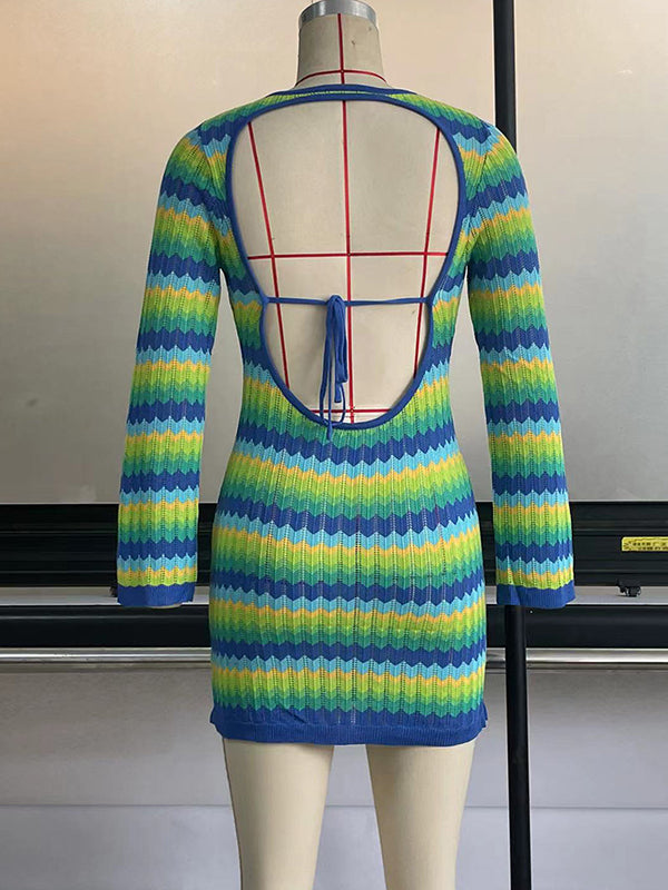 Long Sleeves Skinny Backless Contrast Color Tied Round-Neck Mini Dresses Sweater Dresses