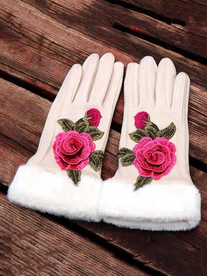 Women Artsy Winter Embroidery Fleece-lined Gloves