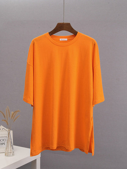 Loose Short Sleeves Solid Color Split-Side Round-Neck T-Shirts Tops