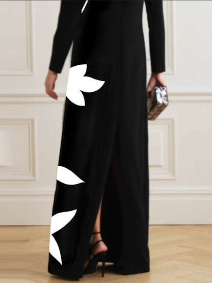 Long Sleeves Loose Contrast Color Flower Print Split-Joint Round-Neck Maxi Dresses