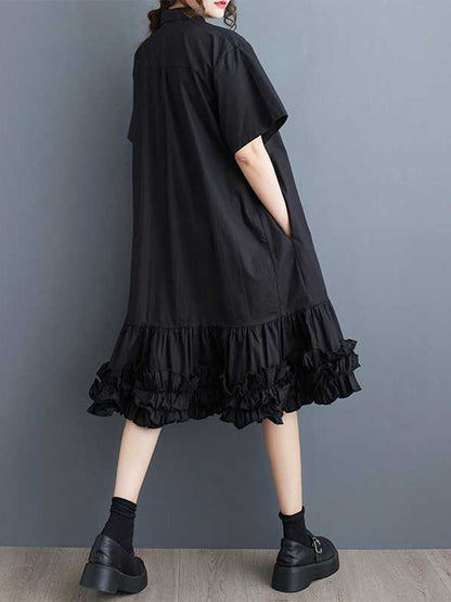 Half Sleeves Loose Buttoned Pleated Ruffled Solid Color Lapel Midi Dresses Shirt Dress
