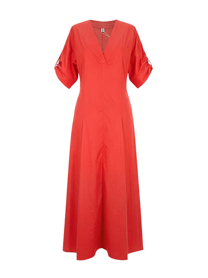 A-Line High Waisted Pleated Solid Color V-Neck Maxi Dresses Shirt Dress