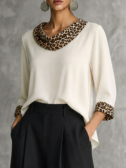 Split-Joint Leopard Contrast Color Three-quarter Sleeves Loose Heaps Collar Blouses&shirts Tops