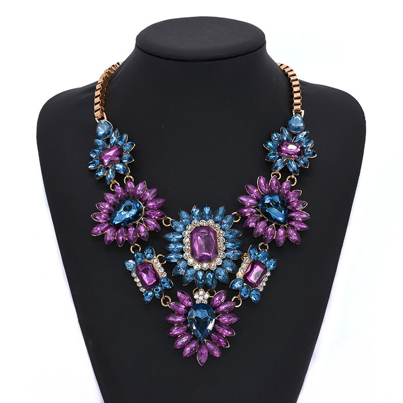 exaggerated shiny flower alloy plating inlay artificial crystal gem rhinestones women's long necklace necklace