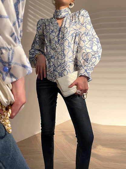 Bishop Sleeve Long Sleeves Buttoned Hollow High-Neck Blouses&Shirts Tops