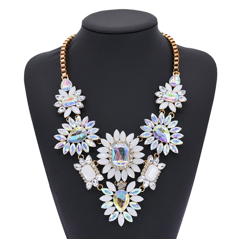 exaggerated shiny flower alloy plating inlay artificial crystal gem rhinestones women's long necklace necklace