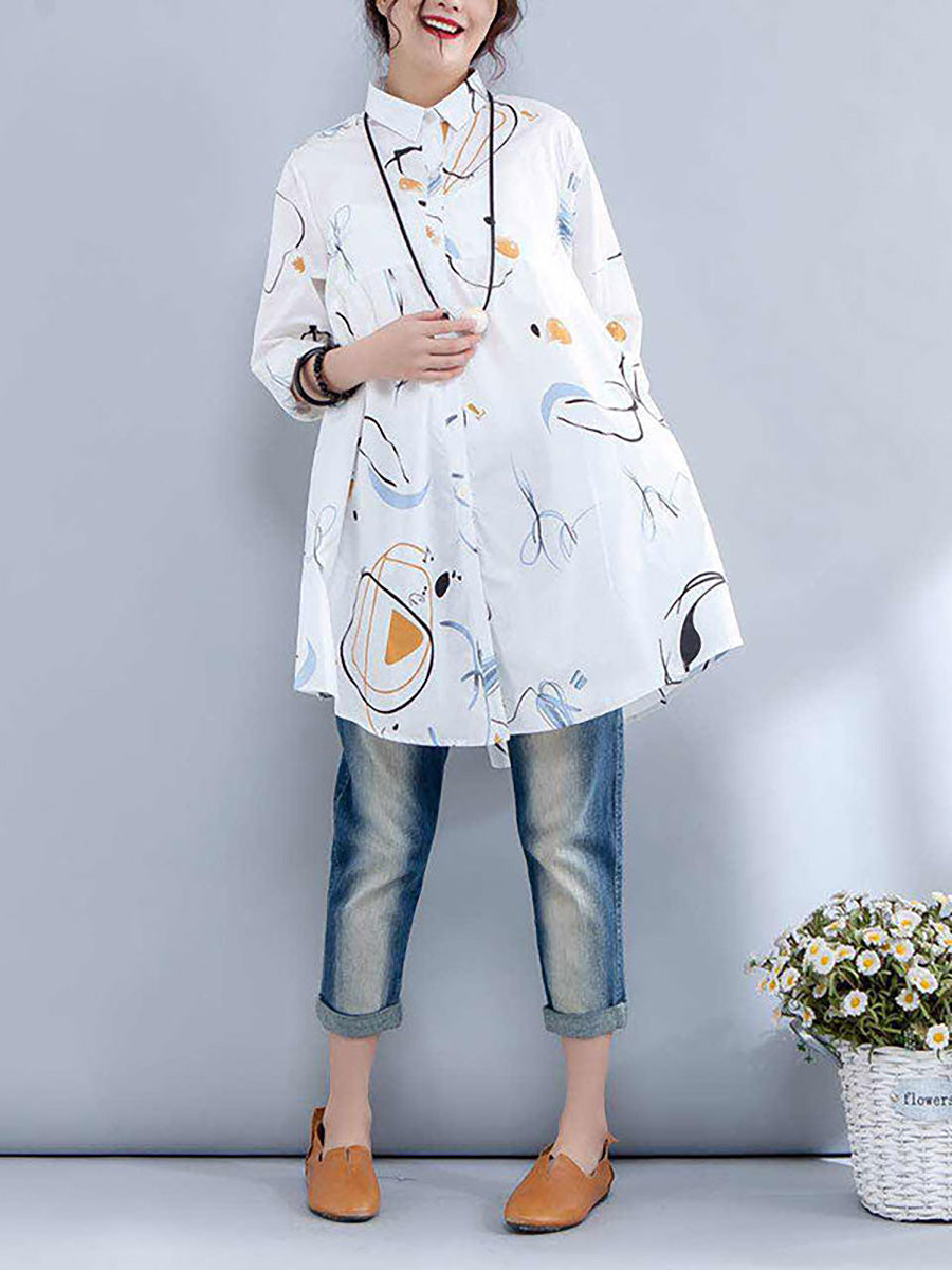 Plus Size Printed Single Breasted Polo Collar Shirt