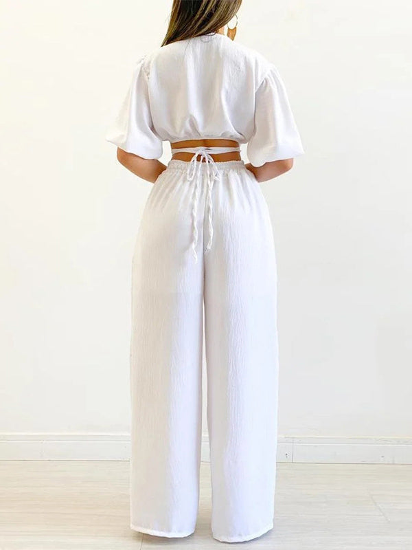 Half Sleeves Elasticity Solid Color Tied V-Neck T-Shirts Top +High Waisted Pants Bottom Two Pieces Set