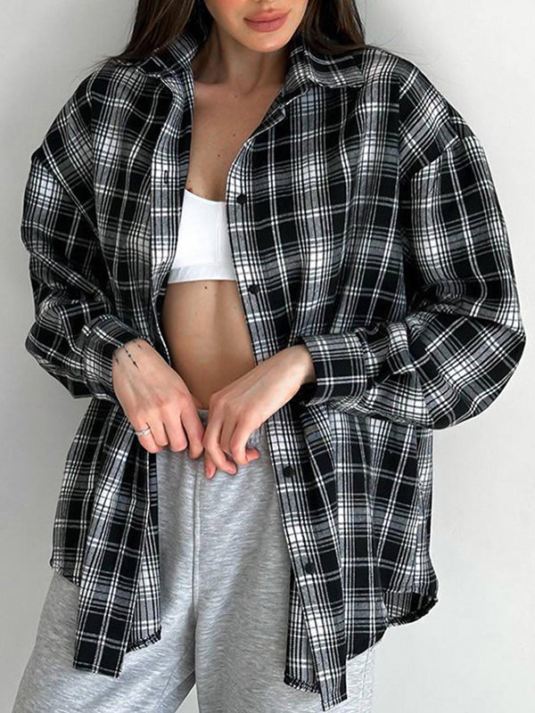 Long Sleeves Loose Plaid Split-Joint Lapel Blouses