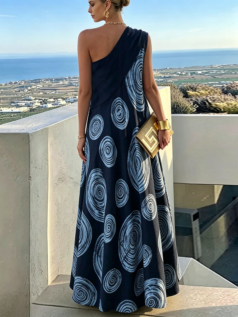 A-Line Loose Contrast Color Pleated Printed Split-Joint One-Shoulder Maxi Dresses
