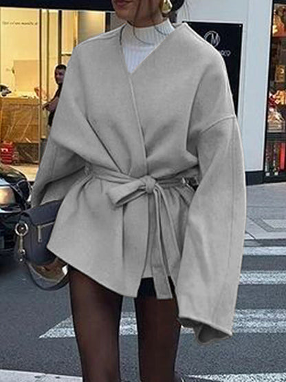 Long Sleeves Loose Solid Color Tied Waist V-Neck Outerwear
