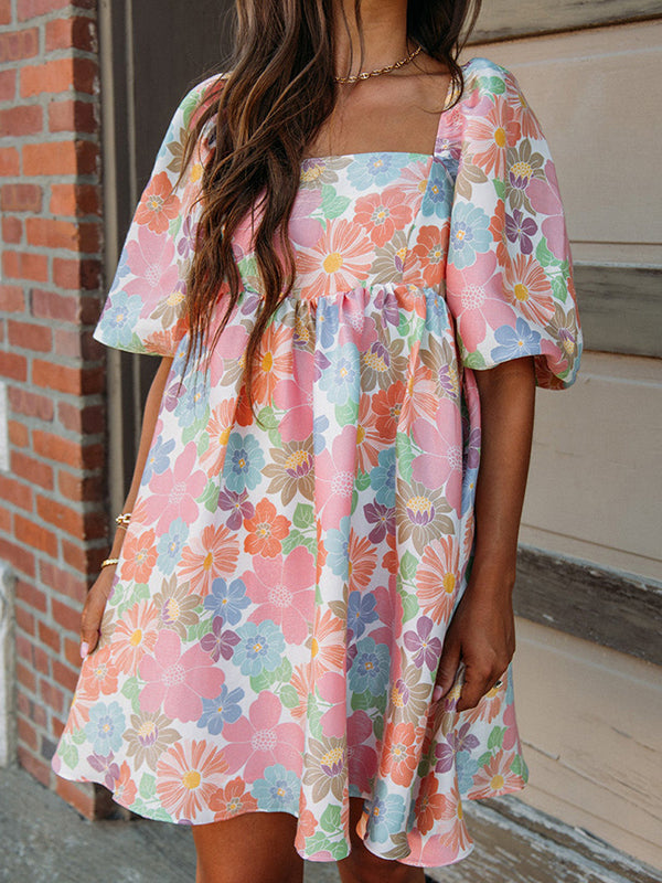 A-Line High Waisted Elasticity Flower Print Pleated Split-Joint Zipper Square-Neck Mini Dresses