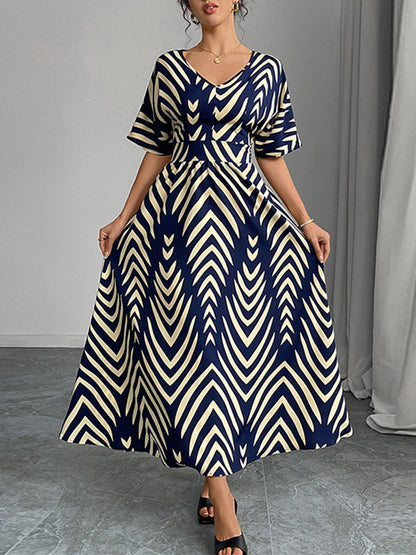 Elasticated Waist High Waisted Contrast Color Geometric Printed Split-Joint V-Neck Maxi Dresses