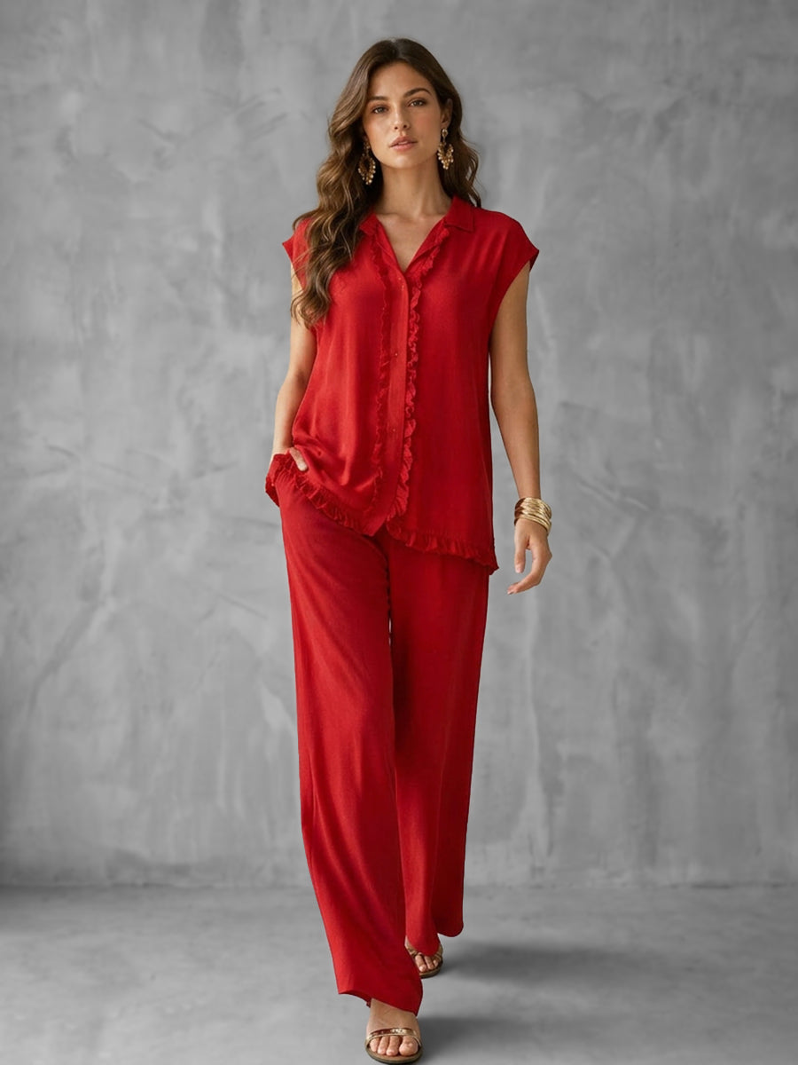 Solid Color Split-Joint Lapel Cap Sleeve Buttoned Ruffled Blouses&Shirts Tops + High Waisted Pockets Pants Trousers Two Pieces Set