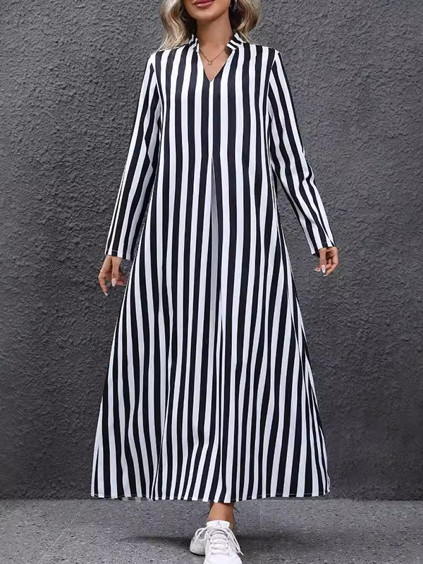 A-Line Long Sleeves Contrast Color Pleated Striped V-Neck Maxi Dresses