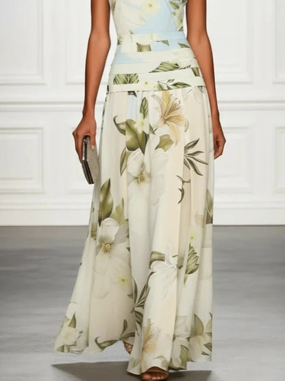 A-Line High Waisted Flower Print Pleated Split-Joint Zipper Round-Neck Maxi Dresses