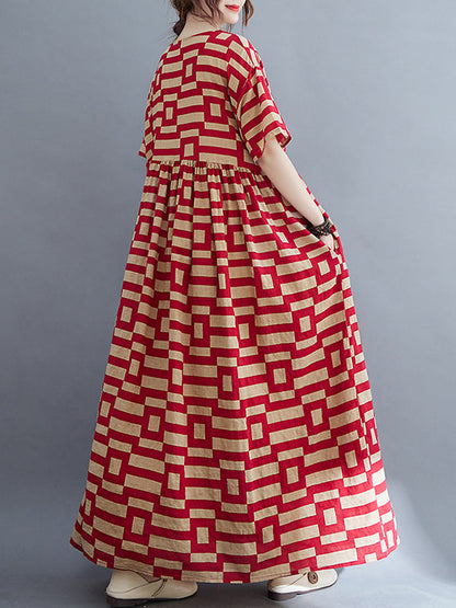 Loose Short Sleeves Plaid Round-Neck Midi Dresses