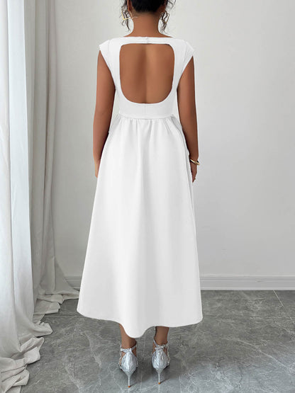A-Line High Waisted Backless Pleated Pockets Solid Color Boat Neck Midi Dresses