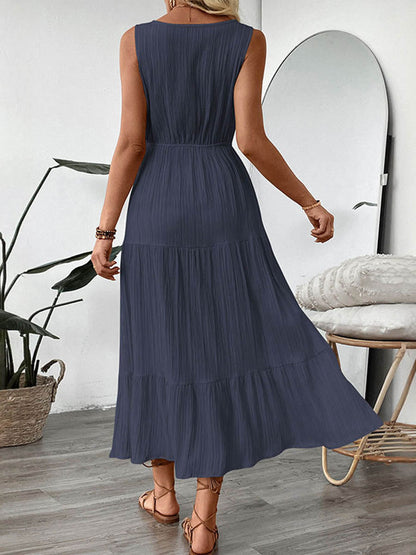 A-Line High Waisted Buttoned Pleated Solid Color Tied Waist V-Neck Maxi Dresses