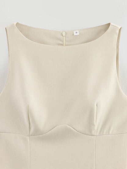 A-Line Loose Pleated Solid Color Split-Joint Zipper Round-Neck Mini Dresses