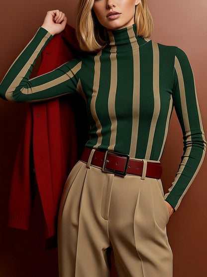 Long Sleeves Skinny Contrast Color Split-Joint Striped High Neck Blouses&Shirts Tops