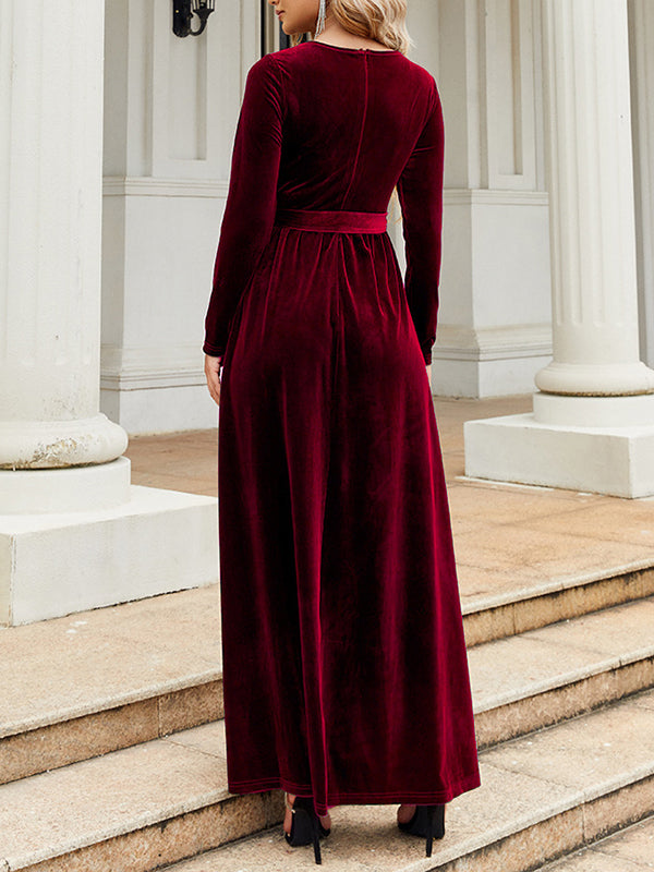 Long Sleeves Wrap Belted Pleated Solid Color Zipper Round-Neck Maxi Dresses