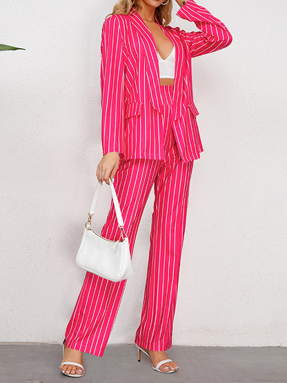 Long Sleeves Striped Lapel Blazer Top + Wide Leg Pants Bottom Two Pieces Set