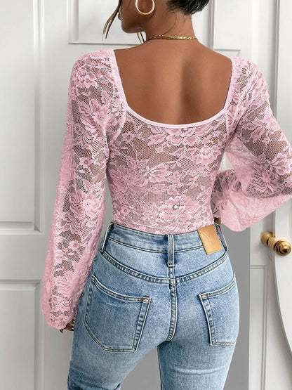 Long Sleeves Skinny See-Through Solid Color Deep V-Neck Bodysuits