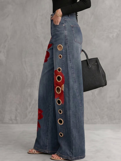 High Waisted Wide Leg Buttoned Flower Print Hollow Pockets Jean Pants Bottoms Trousers