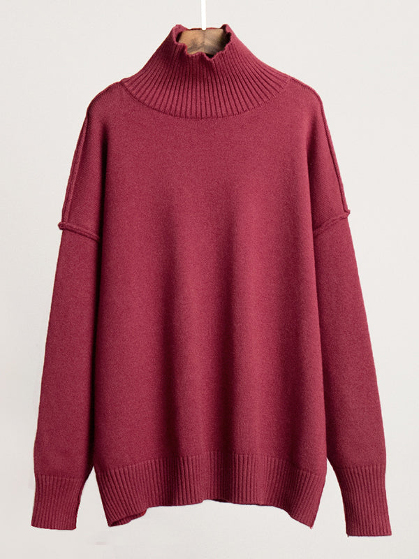 Long Sleeves Loose Solid Color Split-Joint High Neck Pullovers Sweater Tops