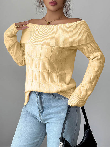 Long Sleeves Solid Color Split-Joint Off-The-Shoulder Pullovers Sweater Tops