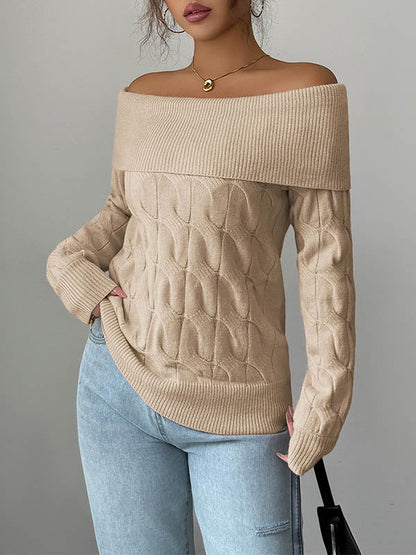 Long Sleeves Solid Color Split-Joint Off-The-Shoulder Pullovers Sweater Tops