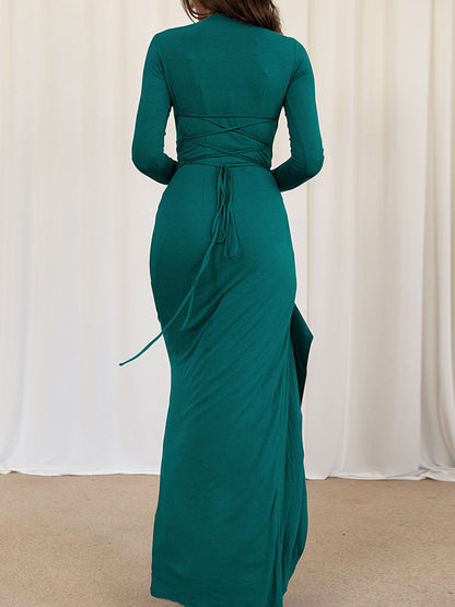 Bodycon High Waisted Asymmetric Pleated Ruffled Solid Color Split-Joint Round-Neck Maxi Dresses