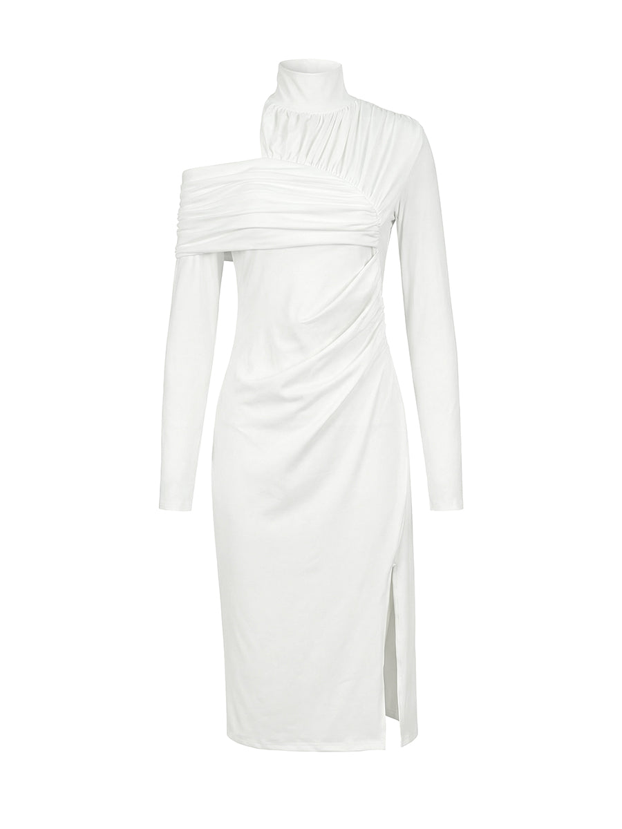 Asymmetric Pleated Solid Color Split-Front Split-Joint Split-Side High Neck Midi Dresses