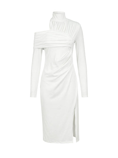 Asymmetric Pleated Solid Color Split-Front Split-Joint Split-Side High Neck Midi Dresses