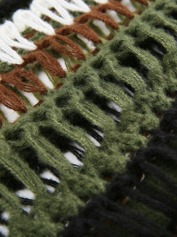 Long Sleeves Loose Drawstring Hollow Split-Joint Round-Neck Sweater Tops