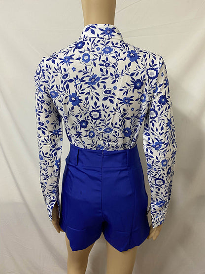 Long Sleeves Buttoned Flower Print Deep V-Neck Shirts Top +Belted Shorts Bottom Two Pieces Set