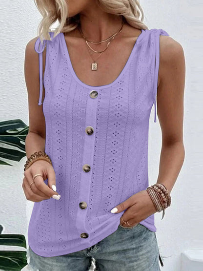 Loose Plus Size Buttoned Hollow Pleated Split-Joint Tied U-neck Vest Top
