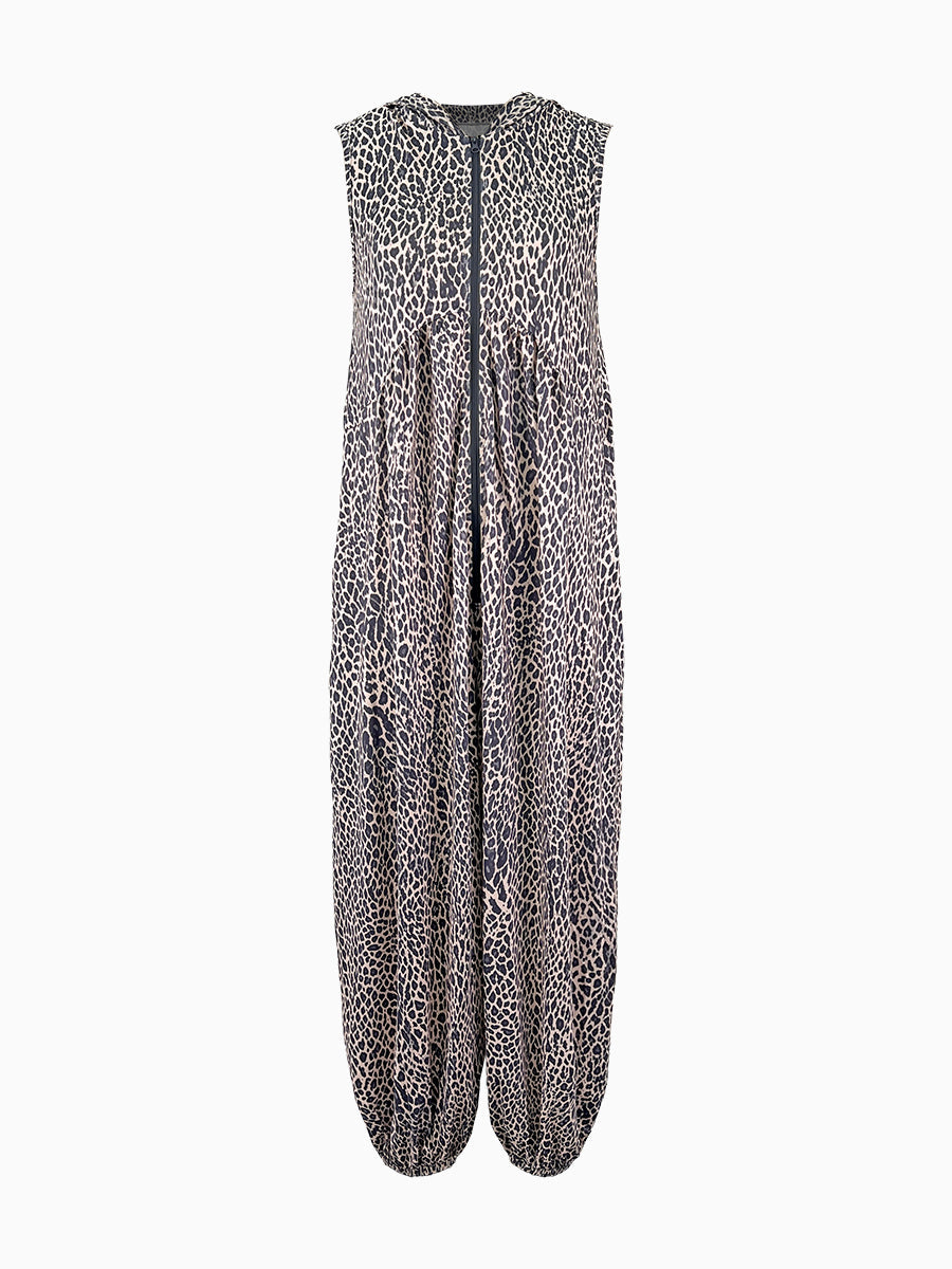 High Waisted Loose Contrast Color Leopard Pleated Pockets Split-Joint Zipper Hooded Anklets Jumpsuits
