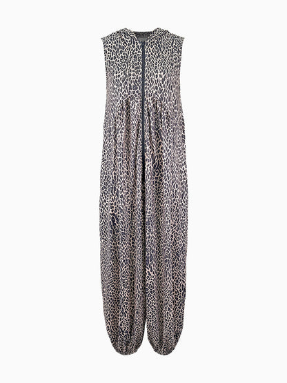 High Waisted Loose Contrast Color Leopard Pleated Pockets Split-Joint Zipper Hooded Anklets Jumpsuits