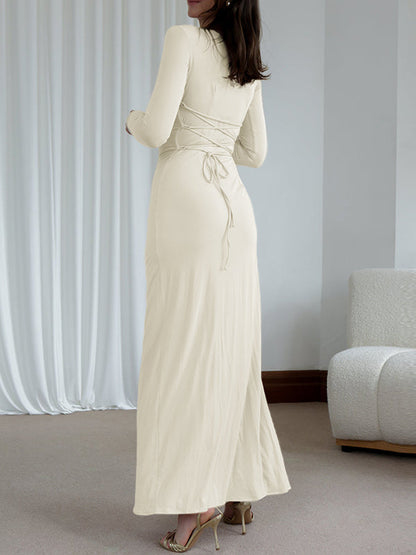 Bodycon High Waisted Asymmetric Pleated Ruffled Solid Color Split-Joint Round-Neck Maxi Dresses
